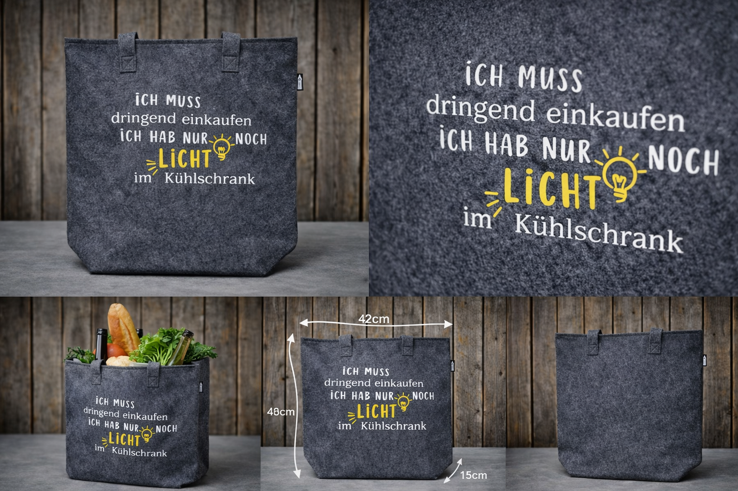 Filz Shopping Tasche "NUR NOCH LICHT IM KÜHLSCHRANK"
