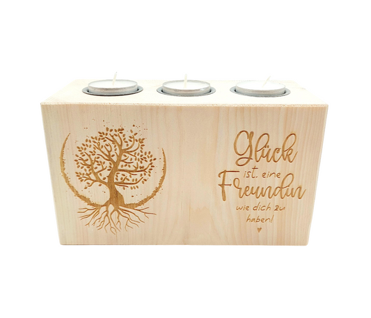 Teelichthalter aus Zirbenholz Glück ist eine Freundin...
