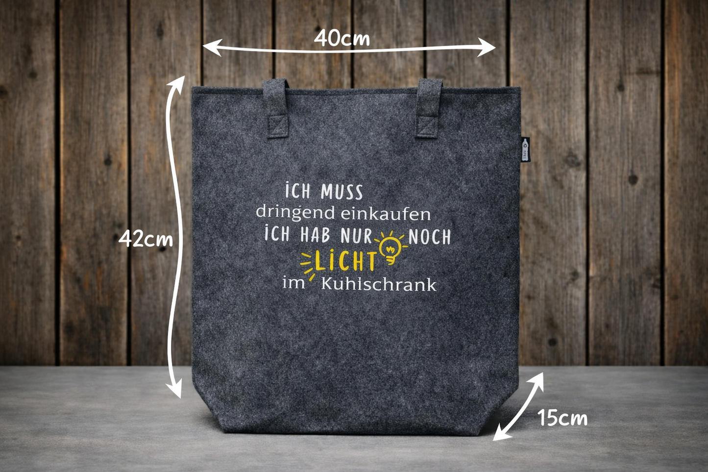 Filz Shopping Tasche "NUR NOCH LICHT IM KÜHLSCHRANK"